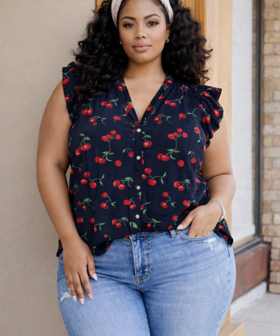 BLUSA AZUL DE CEREZAS CUELLO V