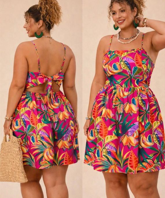 VESTIDO CON TIRANTES Y ESTAMPADO TROPICAL