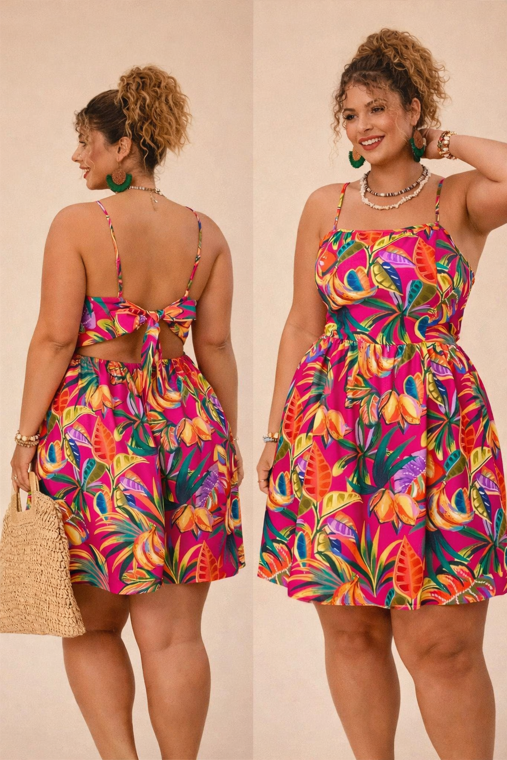 VESTIDO CON TIRANTES Y ESTAMPADO TROPICAL