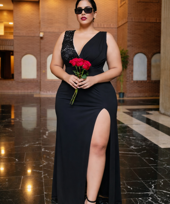 VESTIDO LARGO ELEGANTE CON DETALLE ASIMÉTRICO DE ENCAJE