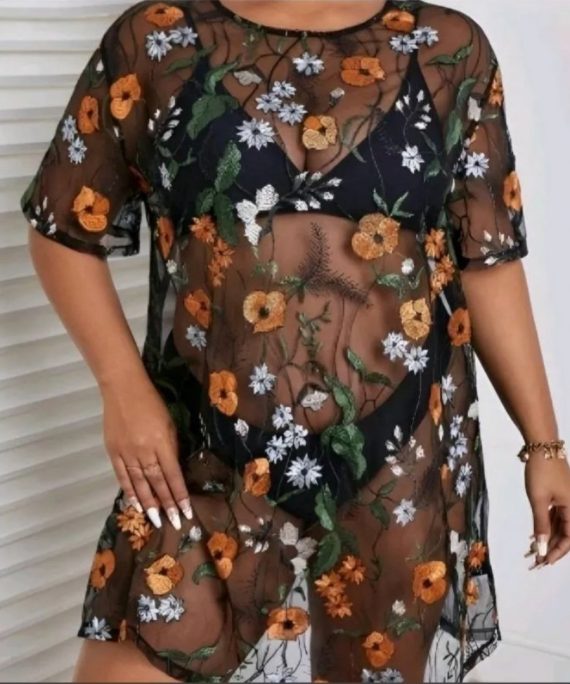 KIMONO VESTIDO MESH FLORAL BORDADO