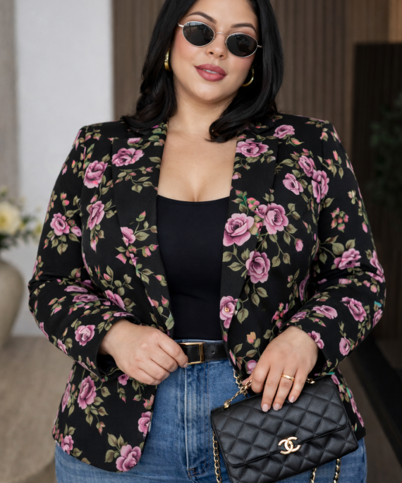 BLAZER NEGRO CON ESTAMPADO FLORAL ROSA