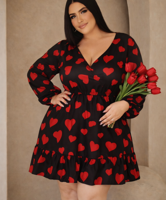 VESTIDO NEGRO ELEGANTE MANGA LARGA CON ESTAMPADO DE CORAZONES
