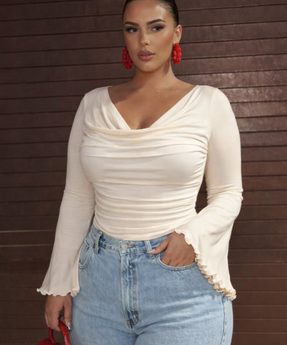 BLUSA ROMÁNTICA DRAPEADA MANGA CAMPANA