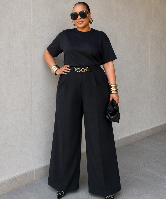 PANTALON PALAZZO BOTA RECTA CON APLIQUE DORADO DE CINTURON